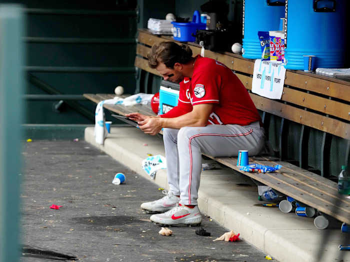 May 1, 2022; Denver, Colorado, USA; Cincinnati Reds shortstop Kyle Farmer (17) in the dugout following the loss to the Colorado Rockies at Coors Field.